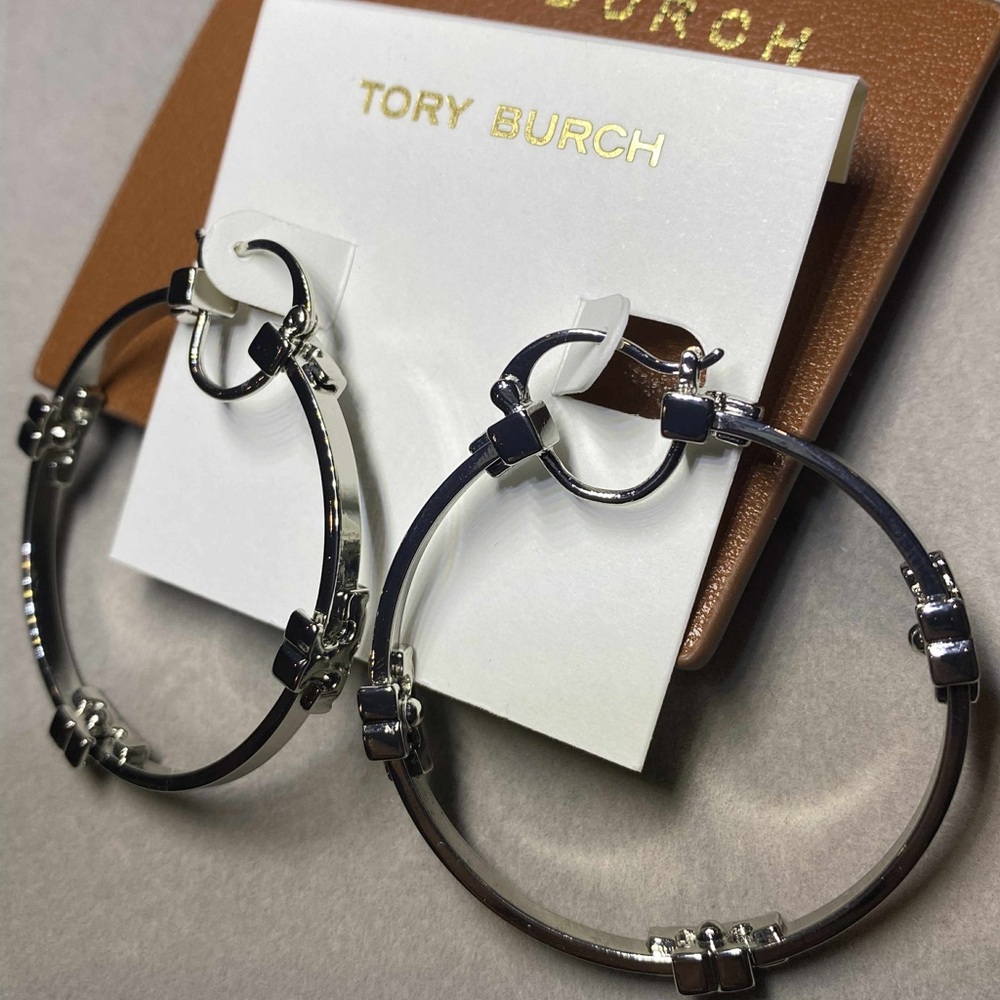 Tory Burch Black and Silver Hoop Earrings